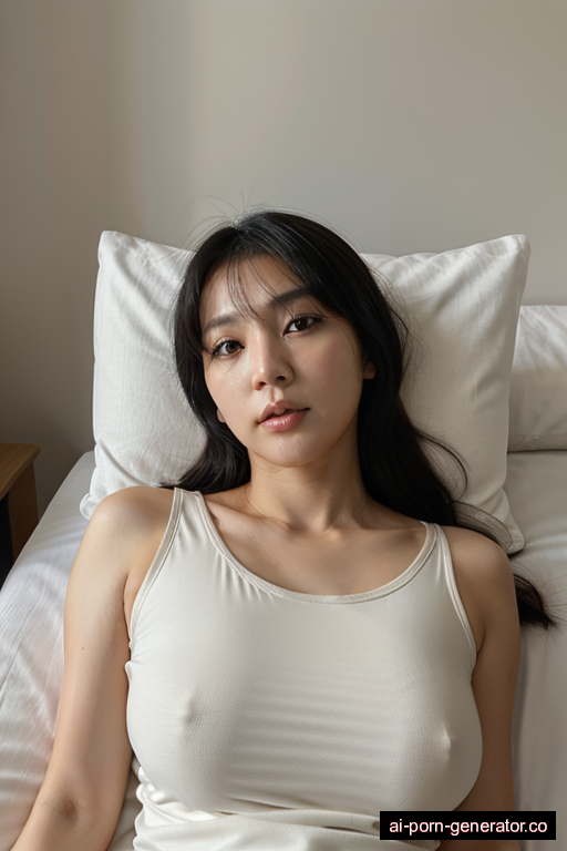 korean average built adult woman with medium boobs and black hair of shoulder length, lying down in bedroom, wearing t-shirt, with shaved pussy