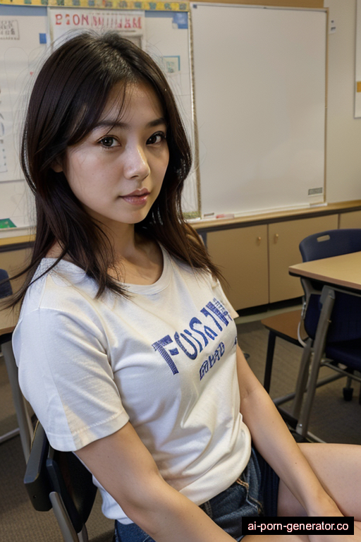 japanese skinny adult woman with medium boobs and dark hair of shoulder length, sitting in classroom, wearing t-shirt, with shaved pussy