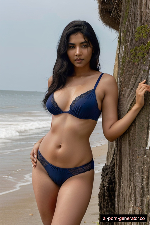 indian athletic adult woman with small boobs and black hair of shoulder length, standing in beach, wearing lingerie, with shaved pussy