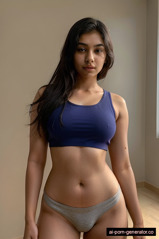 indian skinny teen woman with small boobs and dark hair of shoulder length, standing in gym, wearing crop top, with shaved pussy