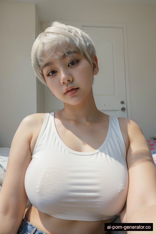 korean fat teen woman with large boobs and white hair of pixie cut length, lying down in bedroom, wearing t-shirt, with hairy pussy