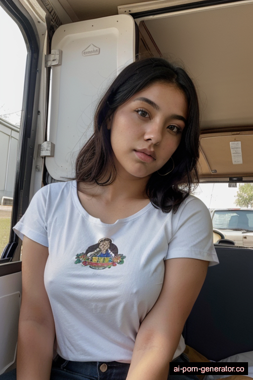 mexican curvy teen woman with medium boobs and black hair of shoulder length, sitting in camper van, wearing t-shirt, with shaved pussy