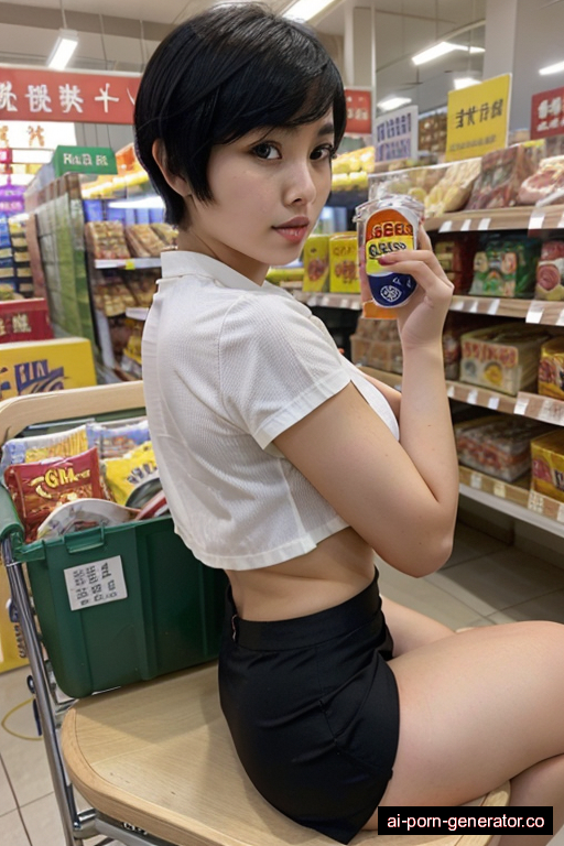 chinese thick teen woman with large boobs and black hair of pixie cut length, sitting in supermarket, wearing skirt, with shaved pussy