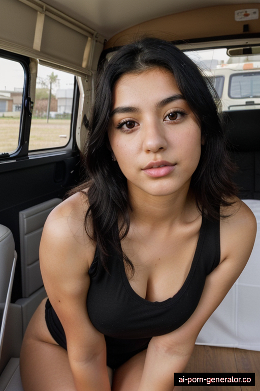 mexican thick teen woman with medium boobs and black hair of shoulder length, on her knees in camper van, wearing t-shirt, with shaved pussy