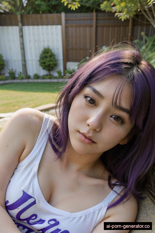 japanese athletic teen woman with medium boobs and purple hair of shoulder length, lying down in garden, wearing t-shirt, with shaved pussy