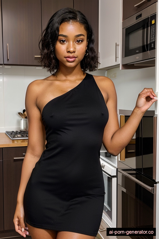 black average built teen woman with small boobs and dark hair of shoulder length, standing in kitchen, wearing dress, with shaved pussy