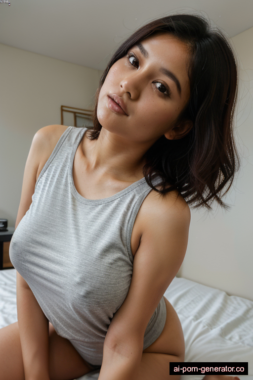 indonesian athletic young-adult woman with medium boobs and dark hair of shoulder length, bending over in bedroom, wearing t-shirt, with shaved pussy
