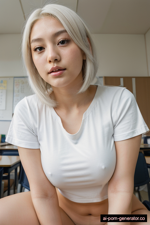 japanese skinny teen woman with medium boobs and white hair of mid-back length, lying down in classroom, wearing t-shirt, with hairy pussy