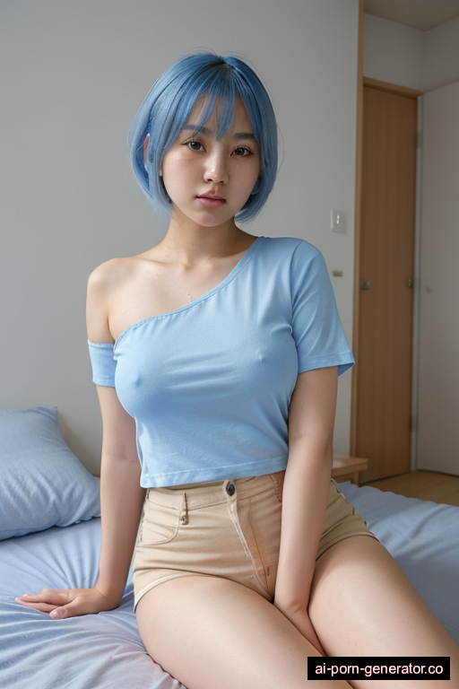 chinese average built young-adult woman with medium boobs and blue hair of shoulder length, sitting in bedroom, wearing t-shirt, with shaved pussy
