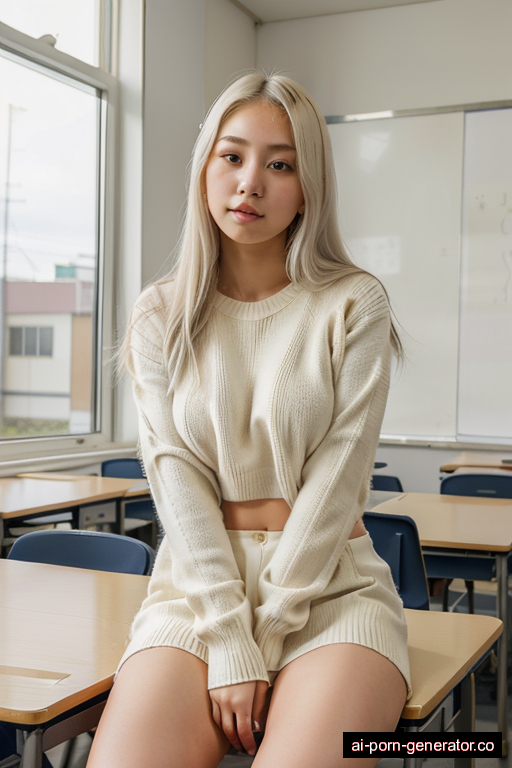 japanese skinny teen woman with medium boobs and white hair of mid-back length, sitting in classroom, wearing sweater, with hairy pussy