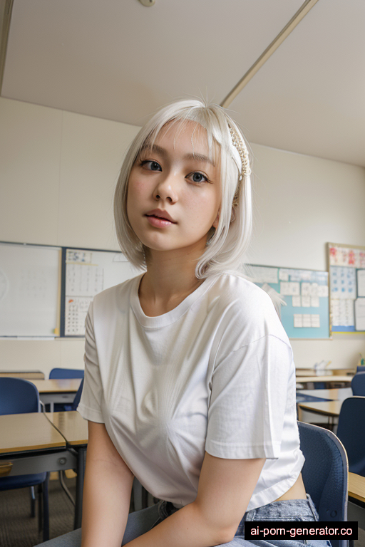 japanese skinny teen woman with medium boobs and white hair of mid-back length, sitting in classroom, wearing t-shirt, with hairy pussy