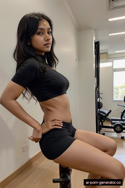 indian skinny young-adult woman with small boobs and black hair of mid-back length, splitting legs in gym, wearing yoga pants, with shaved pussy