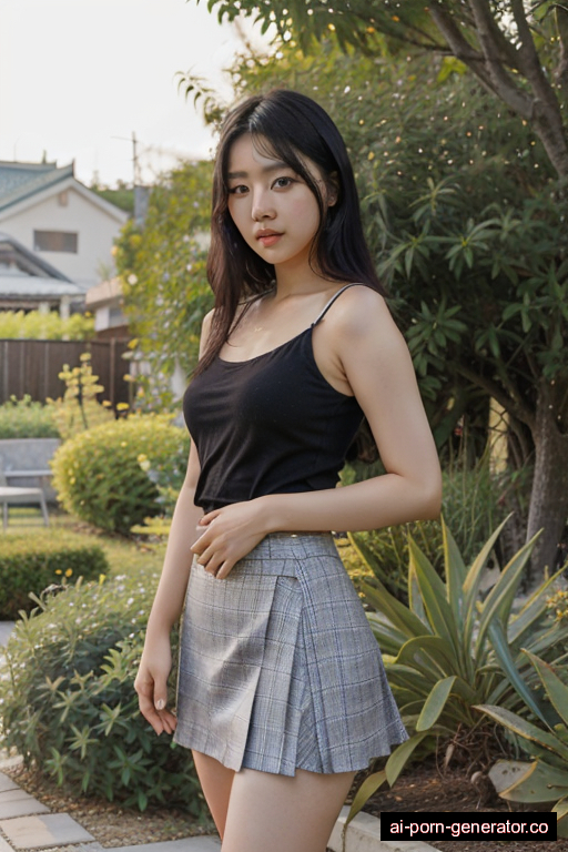 korean average built young-adult woman with small boobs and black hair of shoulder length, standing in garden, wearing skirt, with shaved pussy