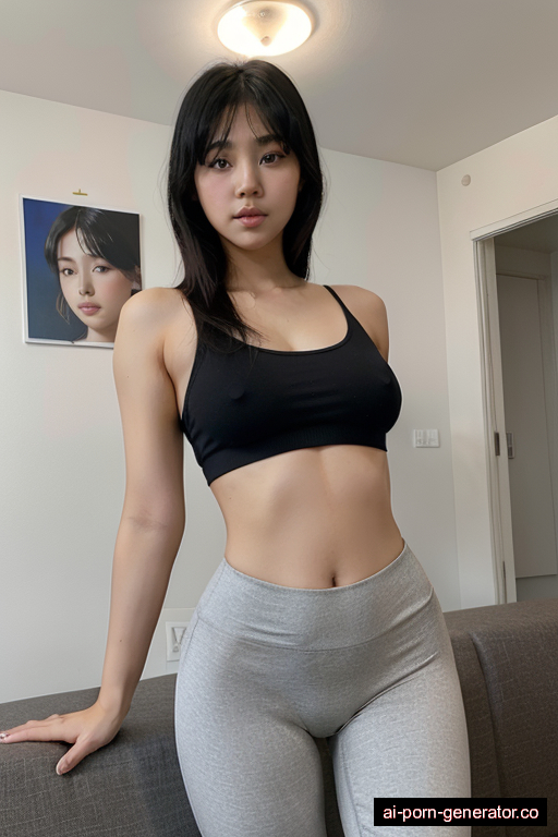 korean skinny young-adult woman with medium boobs and black hair of shoulder length, splitting legs in living room, wearing yoga pants, with shaved pussy