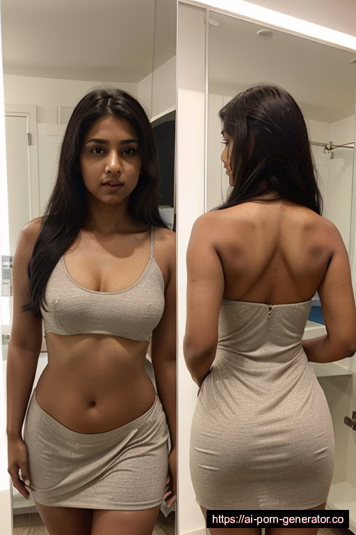 indian athletic young-adult woman with medium boobs and dark hair of mid-back length, standing in changing room, wearing dress, with bushy pussy