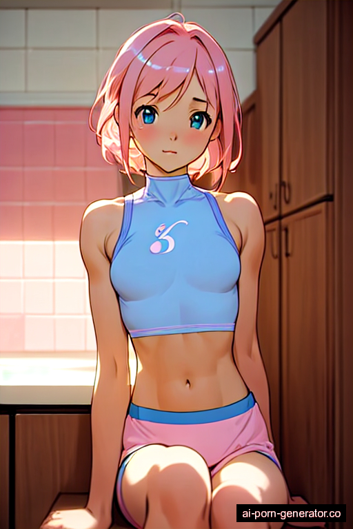  athletic adult woman with small boobs and pink hair of shoulder length, sitting in kitchen, wearing crop top, with shaved pussy