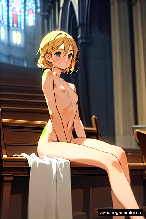  athletic adult woman with small boobs and blonde hair of shoulder length, sitting in church, wearing naked, with shaved pussy