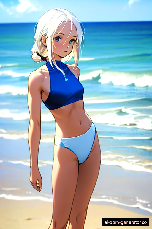  average built adult woman with small boobs and white hair of shoulder length, standing in beach, wearing crop top, with shaved pussy