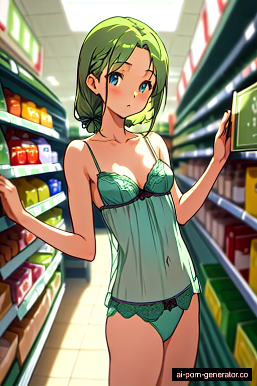  average built adult woman with small boobs and green hair of shoulder length, standing in supermarket, wearing lingerie, with shaved pussy