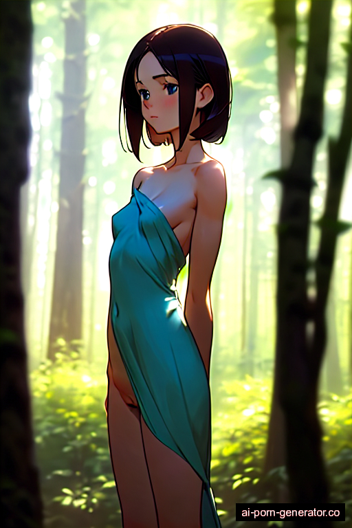  average built adult woman with small boobs and dark hair of shoulder length, standing in forest, wearing naked, with shaved pussy