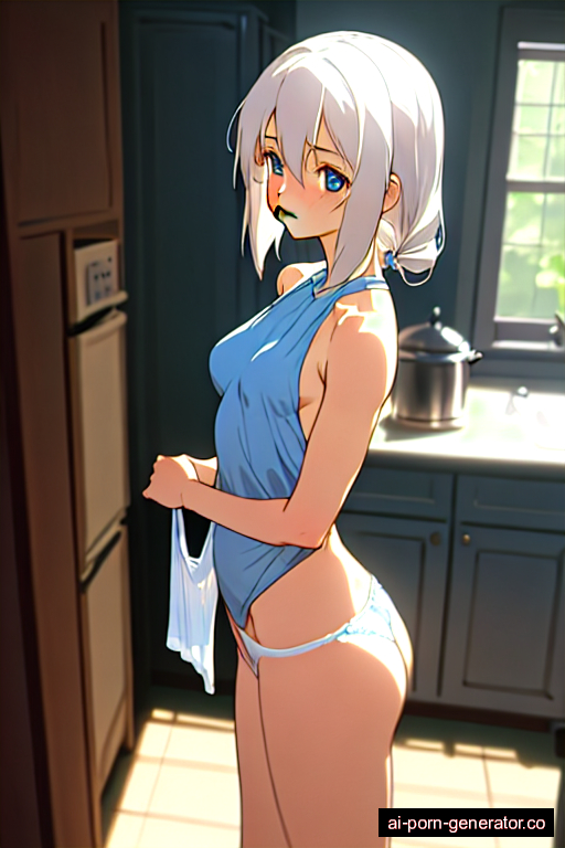  average built adult woman with small boobs and white hair of shoulder length, standing in kitchen, wearing panties only, with shaved pussy