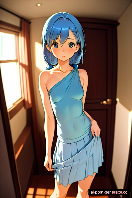  average built adult woman with small boobs and blue hair of shoulder length, standing in bedroom, wearing skirt, with shaved pussy