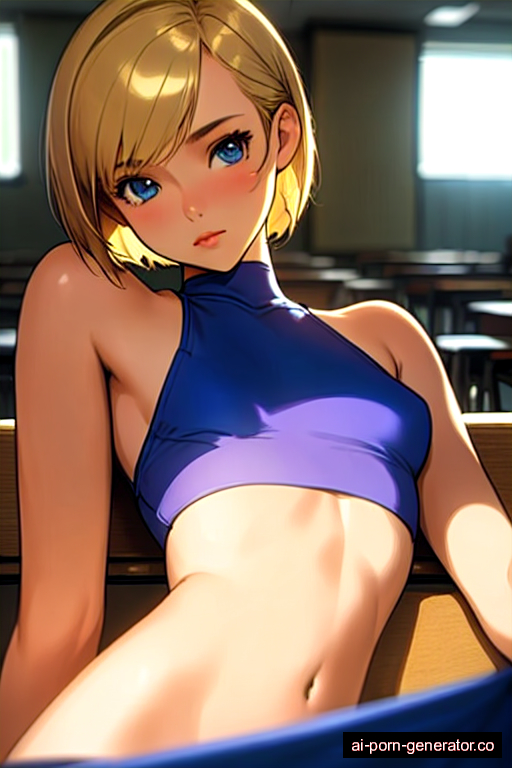  skinny teen woman with small boobs and blonde hair of pixie cut length, lying down in classroom, wearing crop top, with shaved pussy