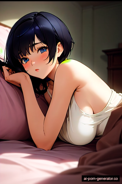  thick young-adult woman with medium boobs and black hair of pixie cut length, lying down in bedroom, wearing panties only, with shaved pussy