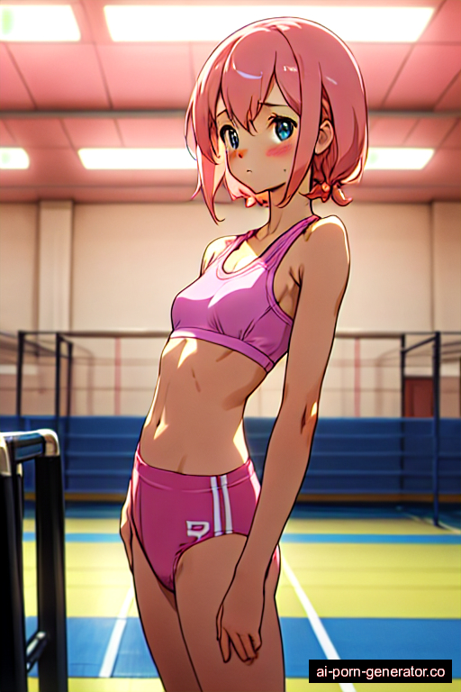  average built adult woman with small boobs and pink hair of shoulder length, standing in gym, wearing bra only, with shaved pussy