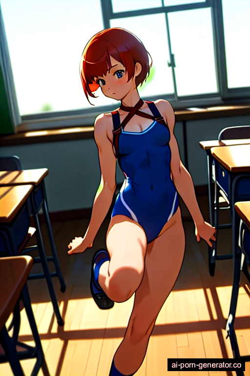  athletic young-adult woman with small boobs and red hair of pixie cut length, splitting legs in classroom, wearing harness, with bushy pussy