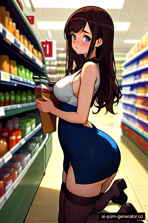  curvy teen woman with medium boobs and dark hair of mid-back length, on her knees in supermarket, wearing stockings, with shaved pussy