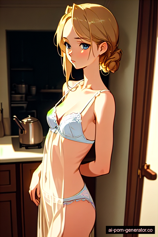  average built adult woman with small boobs and blonde hair of shoulder length, standing in kitchen, wearing lingerie, with shaved pussy