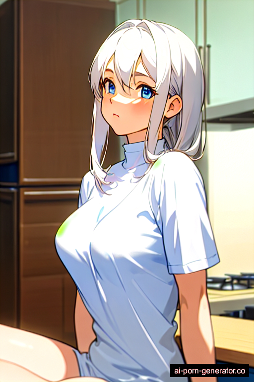  athletic teen woman with medium boobs and white hair of mid-back length, sitting in kitchen, wearing shirt, with trimmed pussy