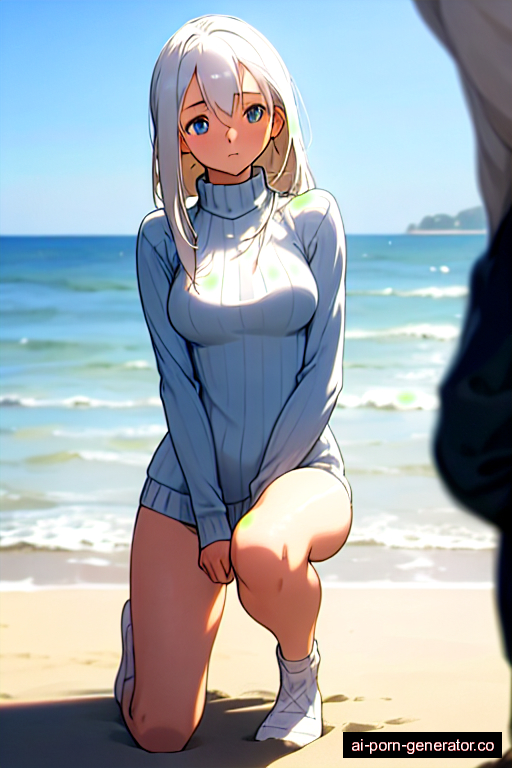  athletic teen woman with medium boobs and white hair of mid-back length, on her knees in beach, wearing sweater, with trimmed pussy