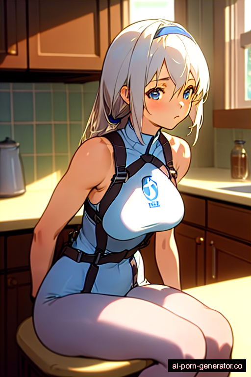  athletic teen woman with medium boobs and white hair of mid-back length, sitting in kitchen, wearing harness, with trimmed pussy