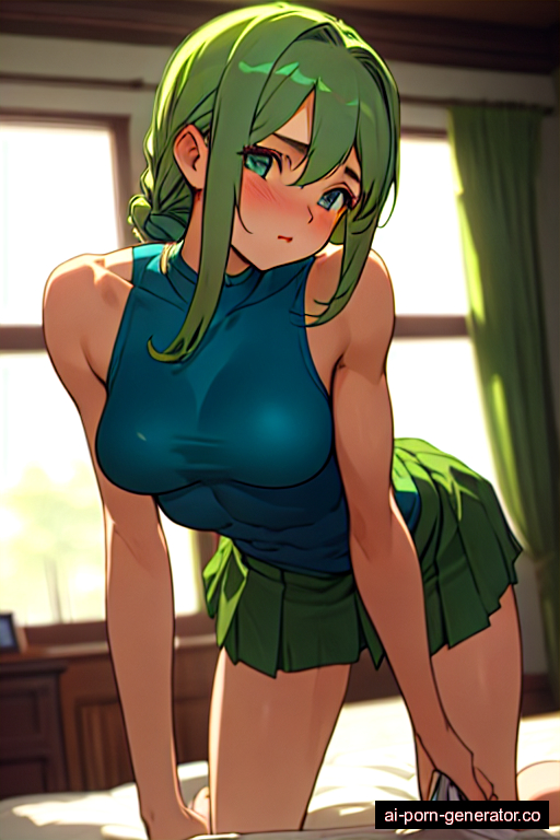  athletic teen woman with medium boobs and green hair of shoulder length, bending over in bedroom, wearing skirt, with shaved pussy