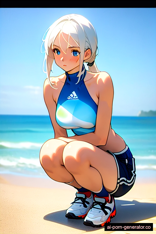  athletic teen woman with medium boobs and white hair of mid-back length, on her knees in beach, wearing shorts, with trimmed pussy