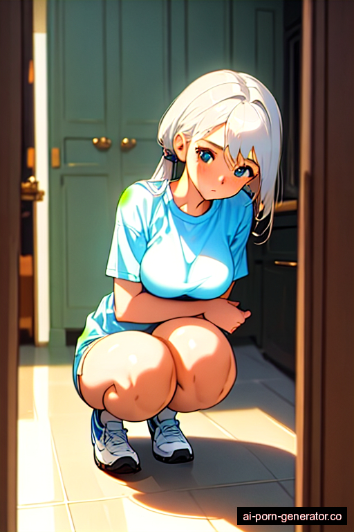  athletic teen woman with medium boobs and white hair of mid-back length, on her knees in kitchen, wearing shirt, with trimmed pussy