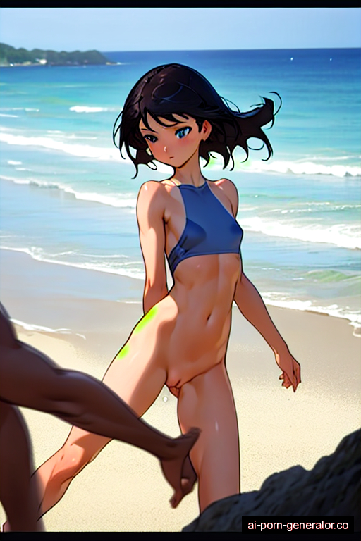  athletic teen woman with small boobs and black hair of mid-back length, splitting legs in beach, wearing naked, with shaved pussy