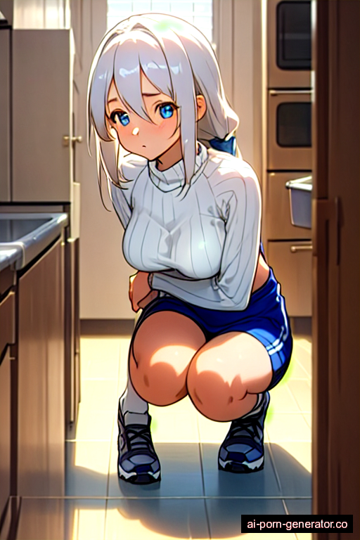  athletic teen woman with medium boobs and white hair of mid-back length, on her knees in kitchen, wearing sweater, with trimmed pussy