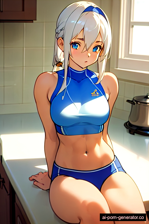  athletic teen woman with medium boobs and white hair of mid-back length, sitting in kitchen, wearing crop top, with trimmed pussy