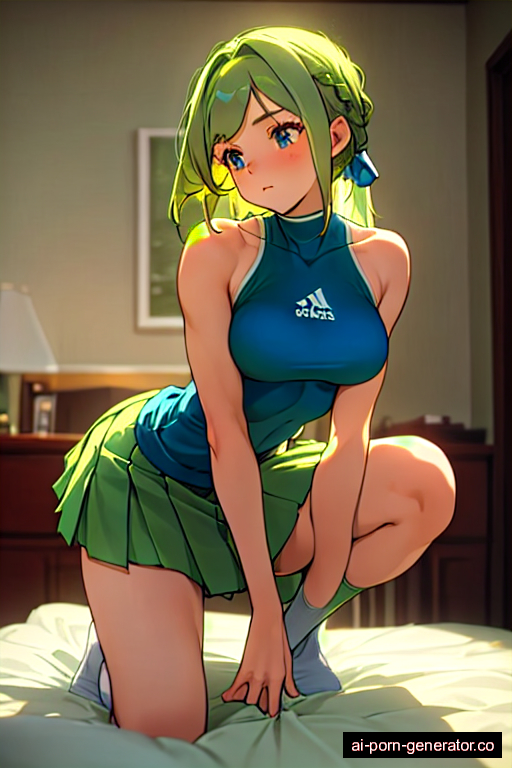  athletic teen woman with medium boobs and green hair of shoulder length, on her knees in bedroom, wearing skirt, with shaved pussy