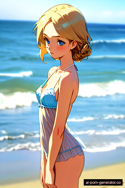  average built adult woman with small boobs and blonde hair of shoulder length, standing in beach, wearing lingerie, with shaved pussy