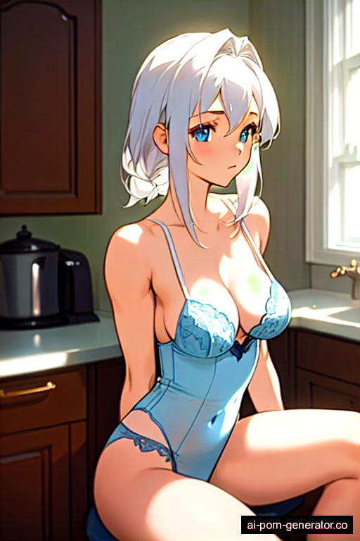  athletic teen woman with medium boobs and white hair of mid-back length, sitting in kitchen, wearing lingerie, with trimmed pussy