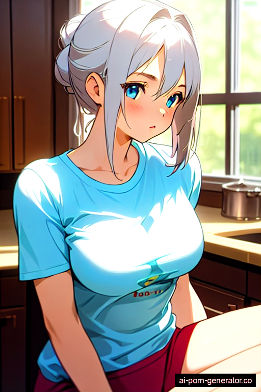  athletic teen woman with medium boobs and white hair of mid-back length, sitting in kitchen, wearing t-shirt, with trimmed pussy