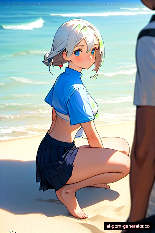  athletic teen woman with medium boobs and white hair of mid-back length, on her knees in beach, wearing skirt, with trimmed pussy