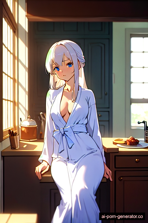  athletic teen woman with medium boobs and white hair of mid-back length, sitting in kitchen, wearing bathrobe, with trimmed pussy