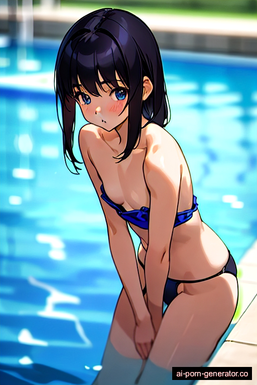  average built young-adult woman with small boobs and black hair of shoulder length, splitting legs in pool, wearing panties only, with shaved pussy