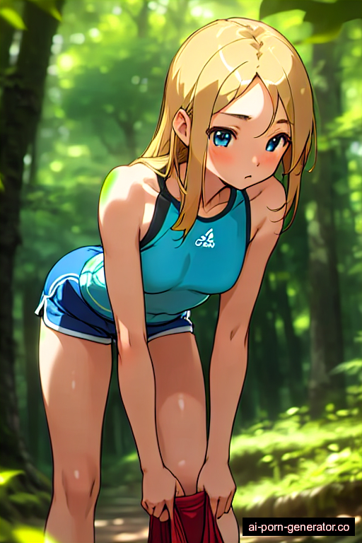  athletic adult woman with small boobs and blonde hair of shoulder length, bending over in forest, wearing shorts, with shaved pussy