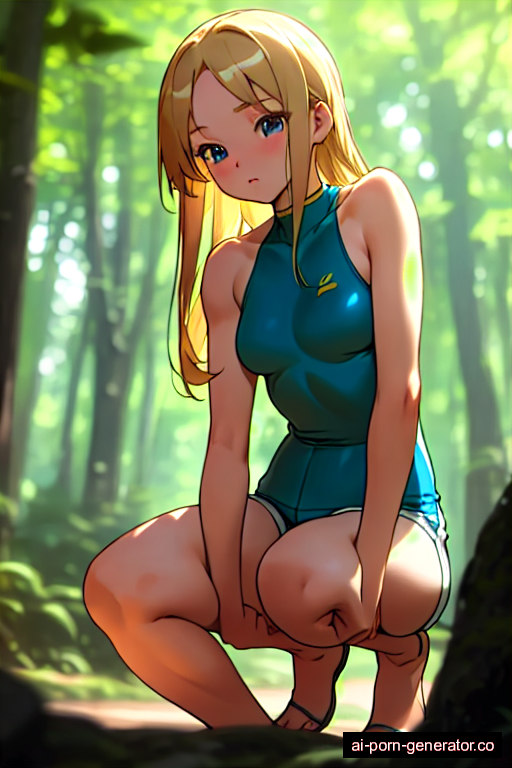  athletic adult woman with small boobs and blonde hair of shoulder length, bending over in forest, wearing shorts, with shaved pussy